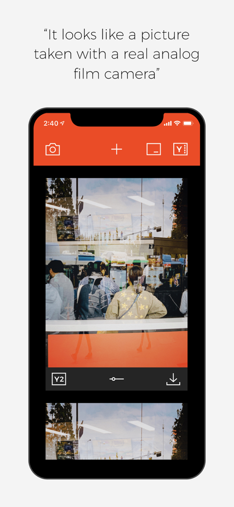 Interface of the Filmlike Camera app showing a photo with a retro analog film filter and light leak effect
