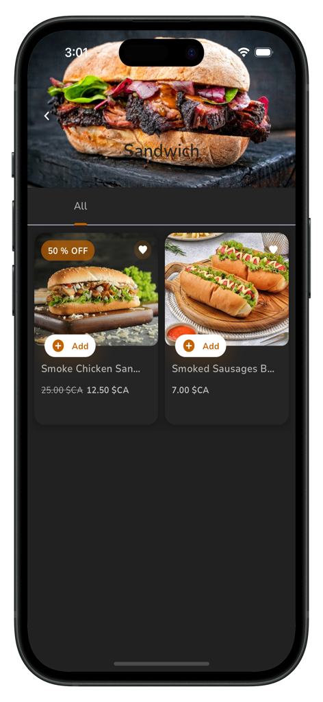 The Shack - The Shack mobile app showing smoked meat sandwiches and sausage buns with a fifty percent discount on the chicken sandwich.