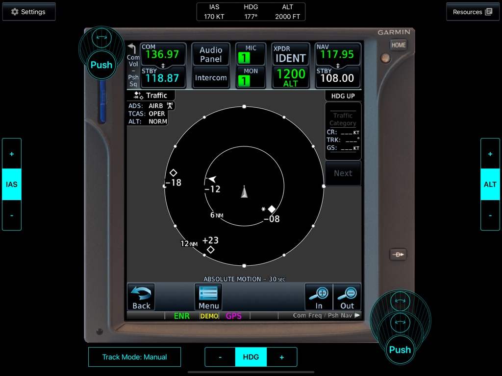 Interface of the Garmin GTN Trainer app displaying a simulated traffic advisory screen for pilot avionics training