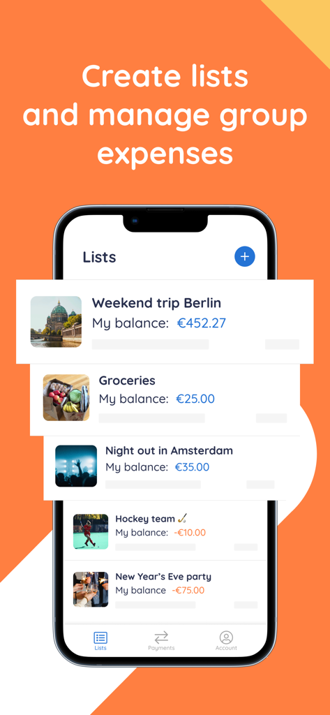 Interface of the Splitser app showing multiple lists for group expenses like travel and groceries
