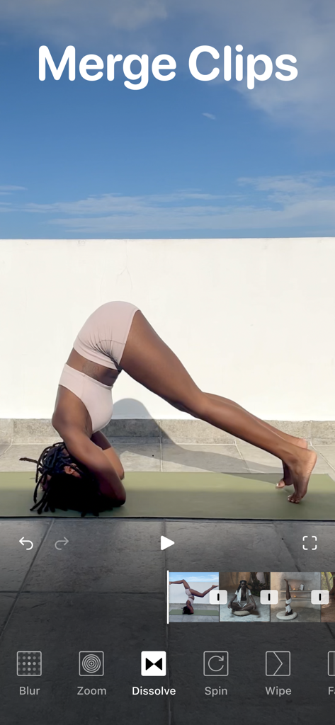 Vixer app interface showing the merge clips feature with a woman performing a yoga headstand and various transition tools below
