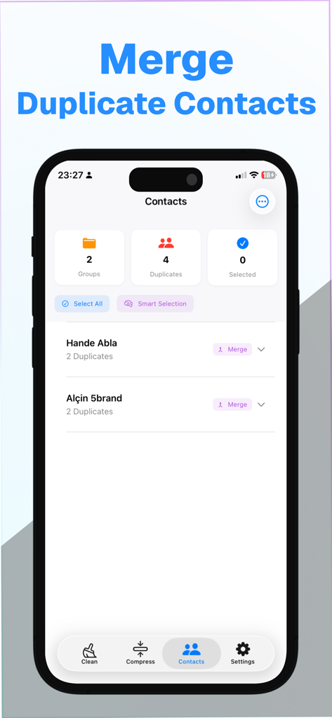 Storage Cleaner - iCleanup - Interface of the iCleanup app showing the merge duplicate contacts feature