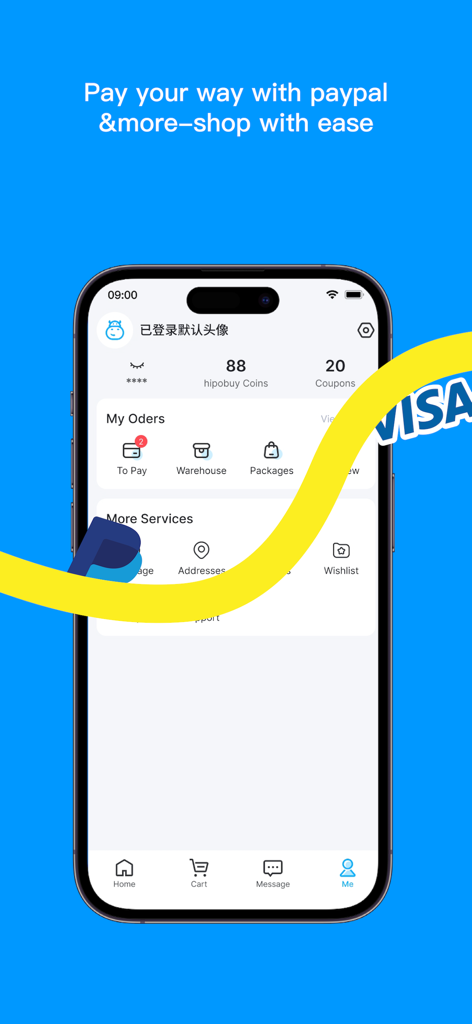 Hipobuy mobile app interface showing user account details and flexible payment methods like PayPal and Visa