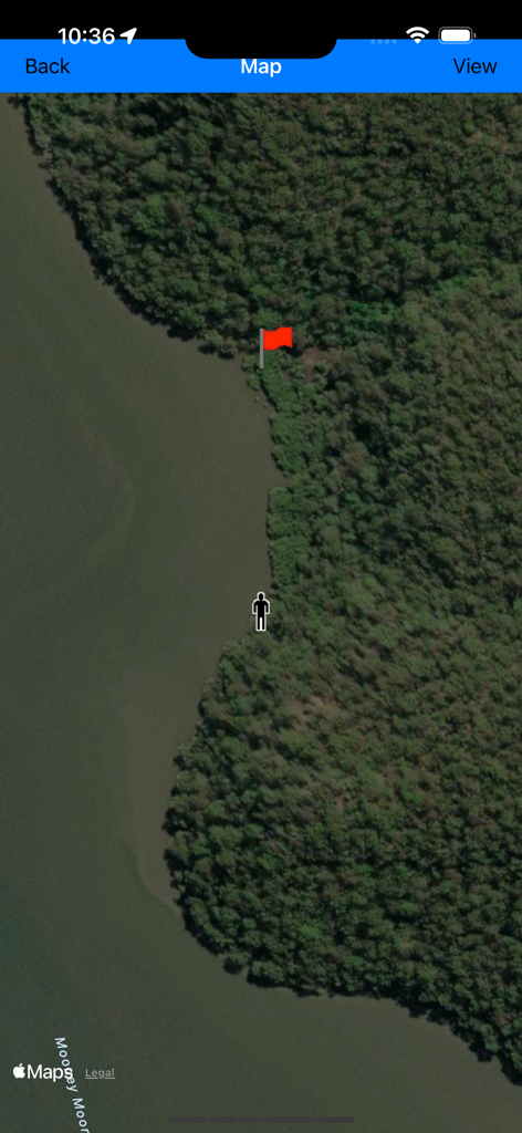 Vista de mapa satelital en Handy GPS mostrando un punto de referencia de bandera roja y la ubicación del usuario a lo largo de una costa boscosa.