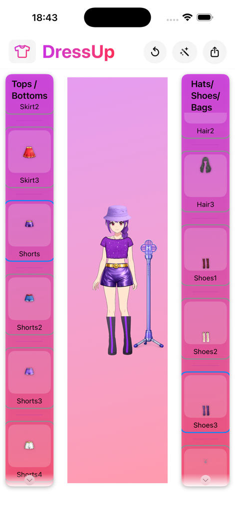 Rumi Hundrix: Dress Up Game - Anime character creator interface in Rumi Hundrix Dress Up Game showing a doll in a purple outfit