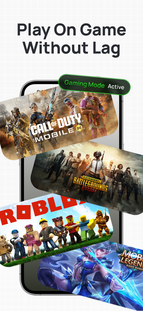 SecureNet VPN app interface showing gaming mode active for lag free mobile gaming