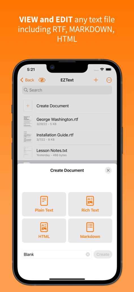 EZText - Text Editor - Smartphone screen showing the EZText app interface with options to create plain text rich text HTML or Markdown documents
