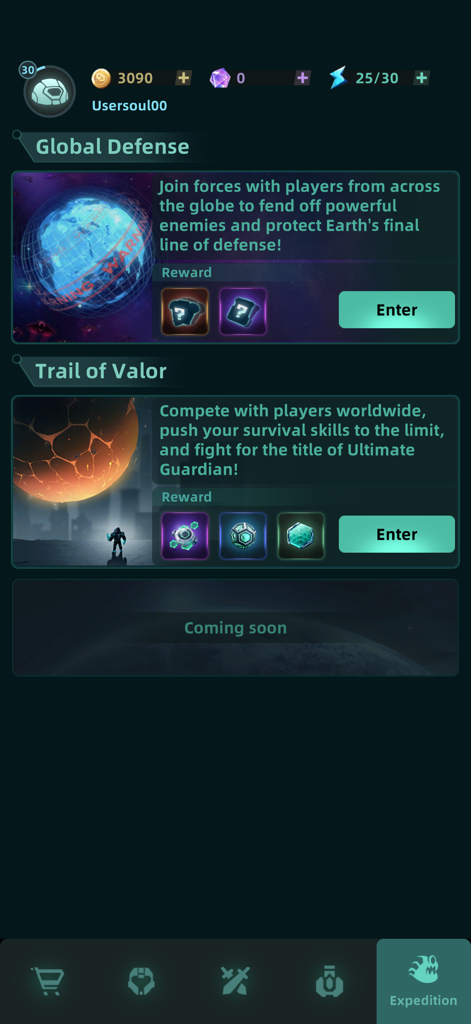 Galaxy Defense: Fortress TD - Menú Expedición en Galaxy Defense mostrando los modos de desafío Defensa Global y Senda del Valor