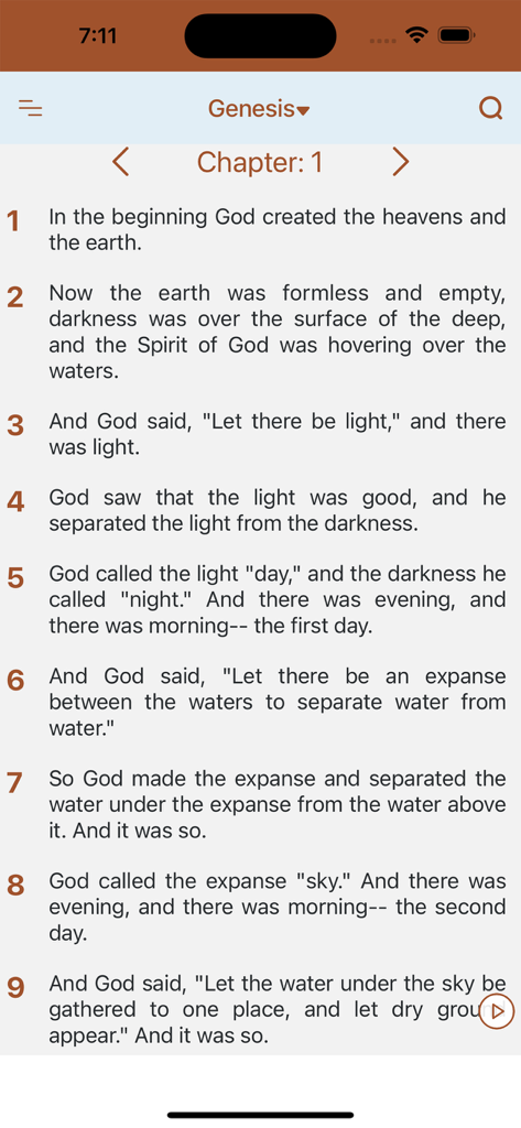 Interfaz de lectura de la aplicación Biblia Buenas Noticias mostrando los versículos del Capítulo 1 del Génesis