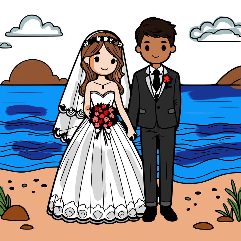 a bride and groom in beach