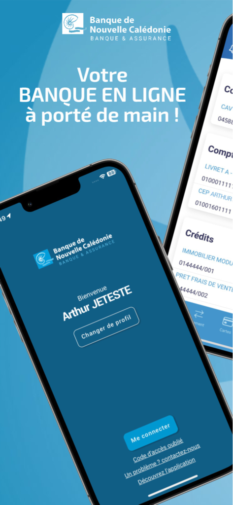 BNC Ma Banque - Login screen of the BNC Ma Banque mobile app showing the user profile and account overview on an iPhone