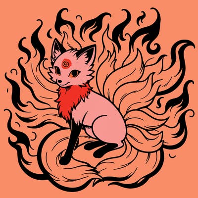 ninetails, fiery fox-wolf, flames