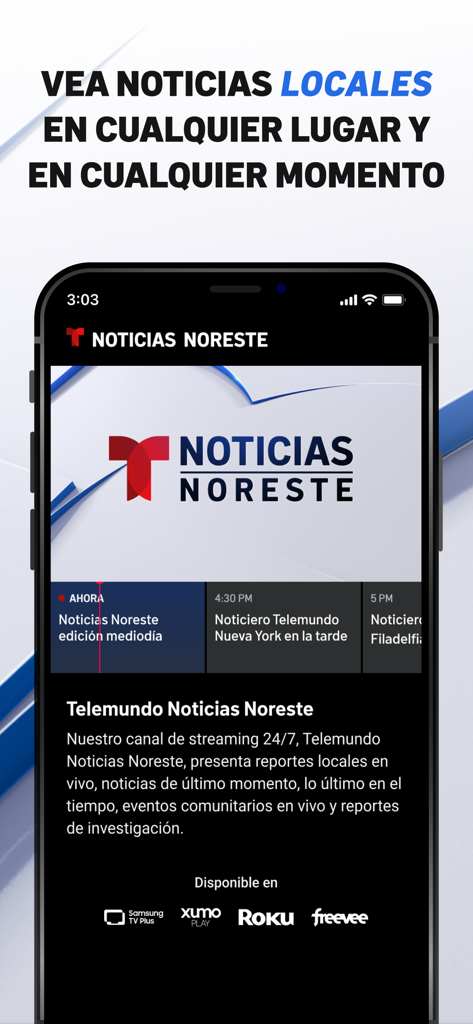 Interfaz de transmisión en vivo de la app Telemundo 47 para noticias locales