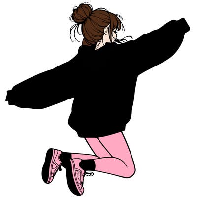 realistic girl jumping with a bun and oversized sweatshirt