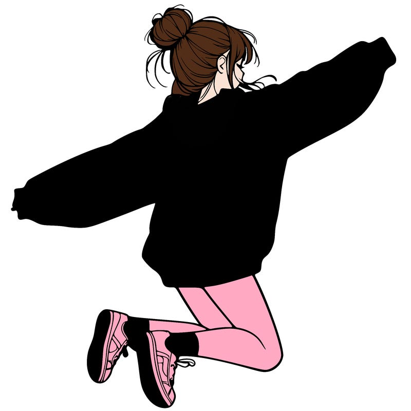 realistic girl jumping with a bun and oversized sweatshirt