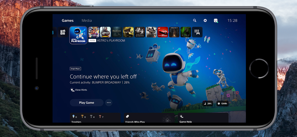 PlayStation 5-Startbildschirm angezeigt auf einem iPhone mit der Console Remote App
