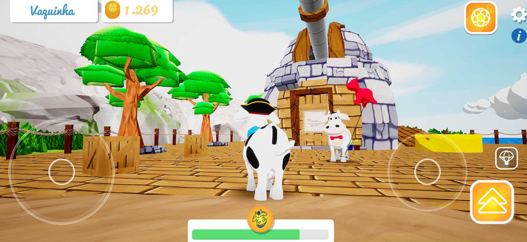 Eine 3D-Gameplay-Szene aus Fazendinha Santa Clara, die Cartoon-Kühe in einer Bauernhofumgebung zeigt