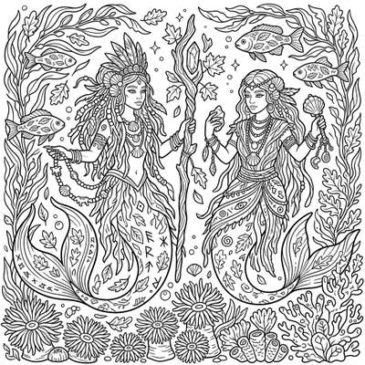 Journey beneath the waves to an ethereal autumn world where two powerful mermaid shamans await your artistic touch. This intricate coloring page blends mystical ocean life with the cozy charm of falling leaves.