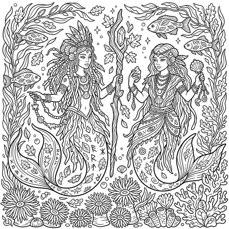 Journey beneath the waves to an ethereal autumn world where two powerful mermaid shamans await your artistic touch. This intricate coloring page blends mystical ocean life with the cozy charm of falling leaves.