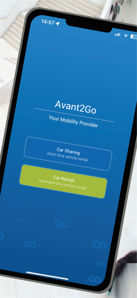 Avant2Go Car Sharing - 단기 카셰어링 및 장기 차량 렌탈 옵션을 보여주는 Avant2Go 앱 홈 화면