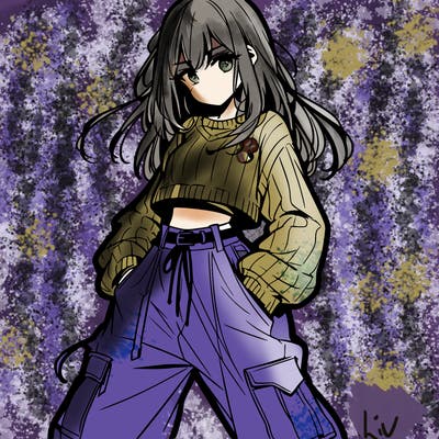 anime teen girl with baggy pants and crop top with sweater