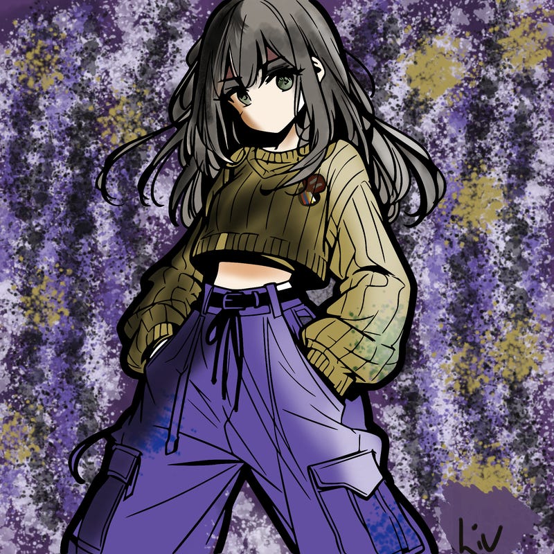 anime teen girl with baggy pants and crop top with sweater