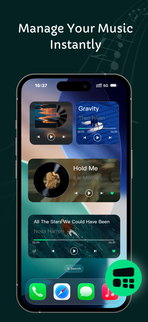 Benutzeroberfläche der Offline-Musik-Player-App, die mehrere Musikwiedergabe-Widgets auf einem iPhone anzeigt.