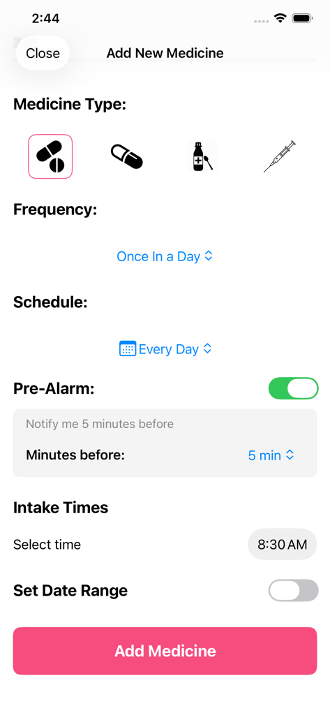 A tela de configuração de horário e lembretes de medicamentos no aplicativo Track Your Pills