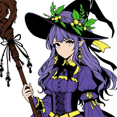 a realistic fantasy manga witch with a staff