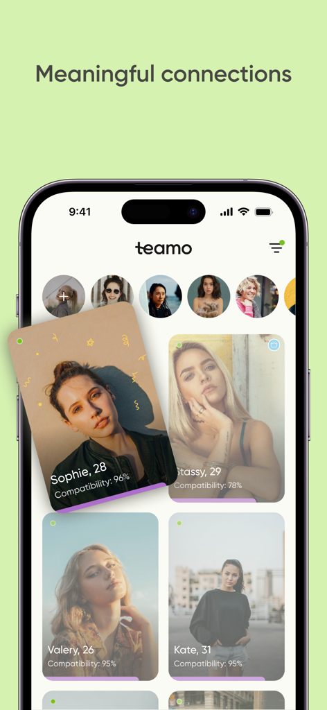 Teamo Russian dating app interface showing user profiles and compatibility scores for serious relationships