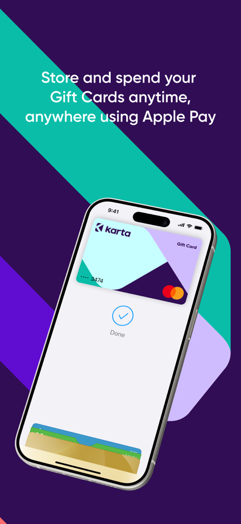 Karta Gift Cards - iPhone screen showing a Karta digital gift card being used with Apple Pay for secure mobile payments.