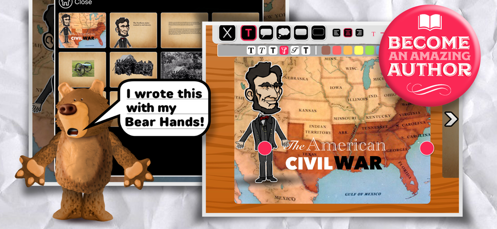 Una interfaz de creación de libros apta para niños que muestra una historia sobre la Guerra Civil estadounidense con herramientas de edición de personajes y texto