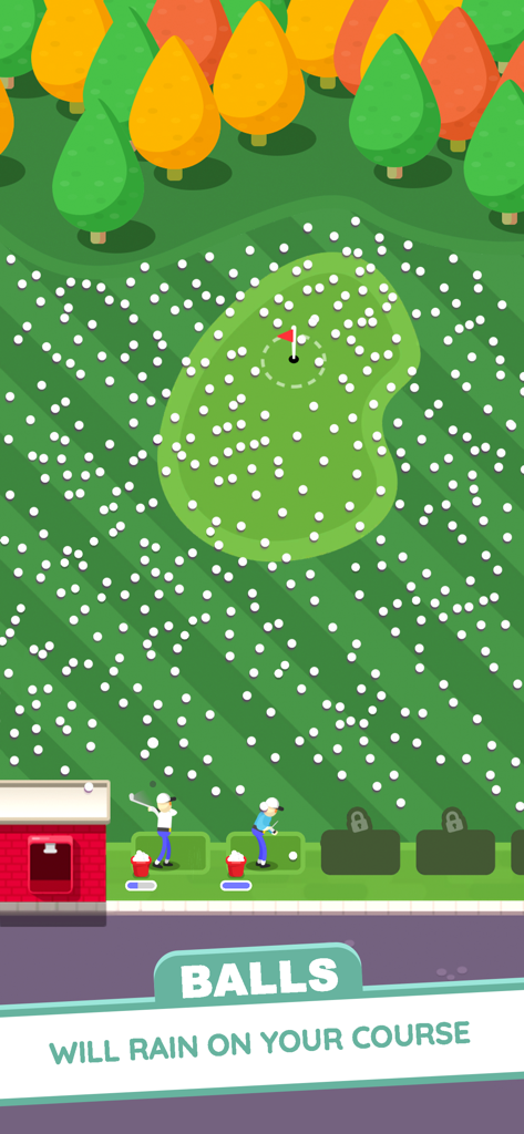 Golf Inc. Tycoon - Pantalla de juego de Golf Inc. Tycoon con muchas pelotas de golf blancas cubriendo el green y golfistas en el campo de prácticas.