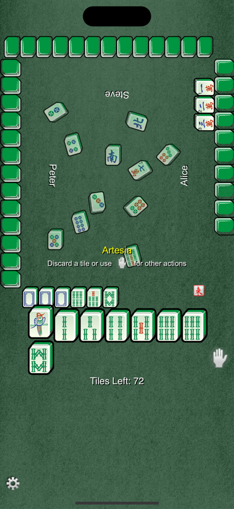 Interfaz auténtica de juego de Mahjong tradicional para cuatro jugadores en una mesa verde
