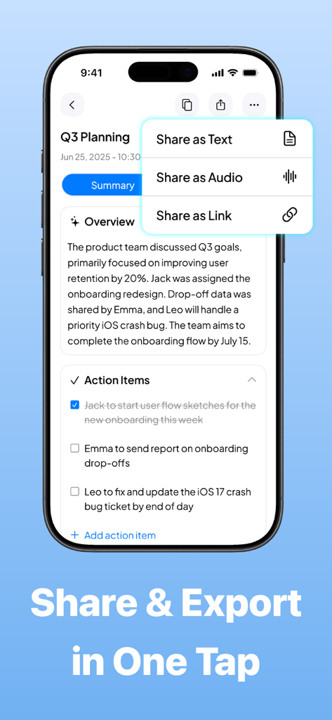 Notica - AI Meeting Notes - Interface de l'application de notes de réunion IA Notica montrant le menu d'exportation pour partager les résumés de réunion et les éléments d'action sous forme de texte, audio ou liens
