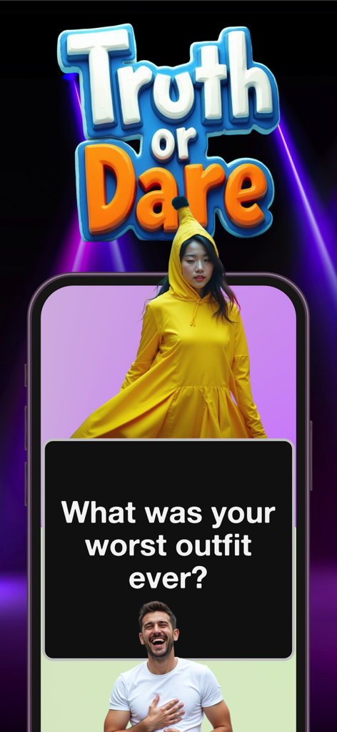 I have never ever +18 Dirty - Pantalla del juego Verdad o Reto preguntando ¿Cuál fue tu peor atuendo, con una persona con un disfraz de plátano.