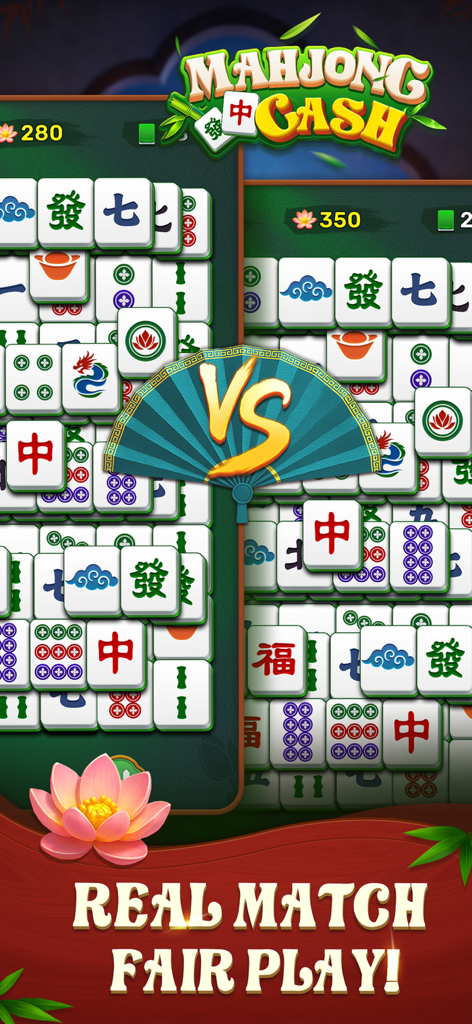 A competitive Mahjong Cash game screen showing two tile boards with a VS fan icon and the text Real Match Fair Play.