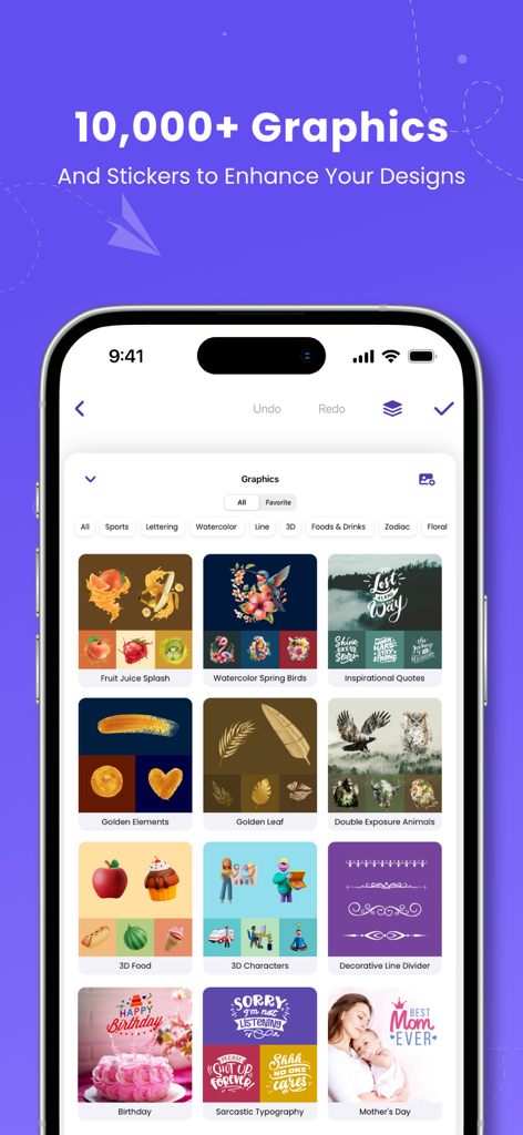 Poster Maker - Flyer Creator! - Uma coleção de vários elementos gráficos e adesivos, incluindo pássaros em aquarela e ícones 3D na biblioteca do Poster Maker