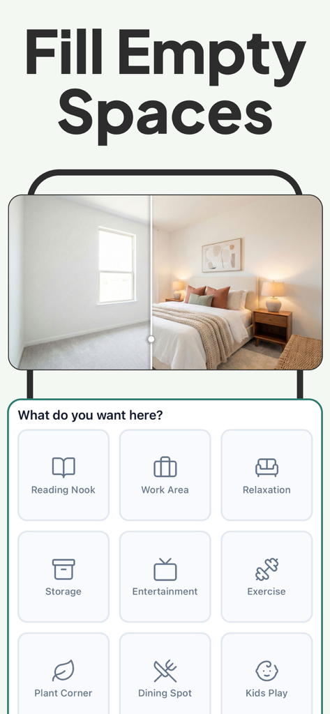 AI Home Design - Decorify - Decorify app screenshot showing a bedroom transformation from empty to furnished with a menu of room style options