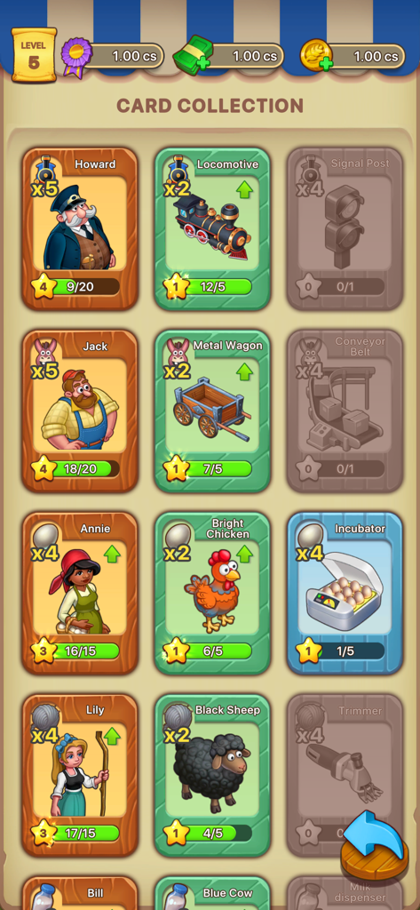 Idle Farmer: Farm Tycoon Games - Card collection screen in Idle Farmer game showing characters and animals.