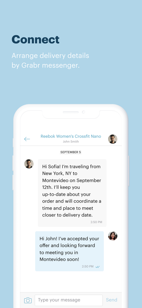 Grabr - Global Shopping - Grabr app chat screen showing a traveler and shopper arranging delivery details