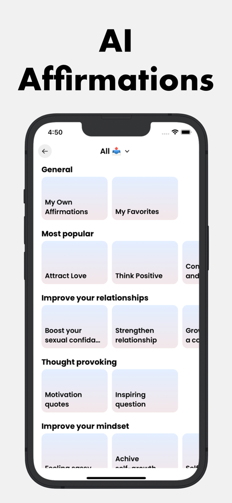 Manifest Affirmations : I Feel - Pantalla de la aplicación Manifest Affirmations mostrando varias categorías para la mentalidad y el crecimiento personal