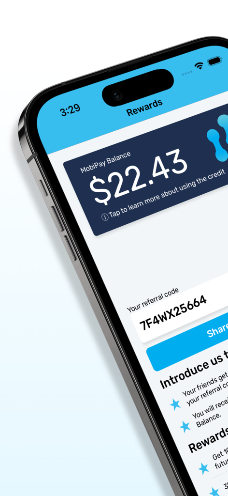 MobiMatter app screen displaying a rewards balance of 22.43 dollars and a unique referral code for users.