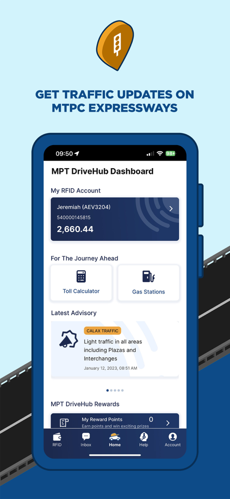 MPT DriveHub - Panel de MPT DriveHub con saldo RFID y actualizaciones de tráfico de la autopista