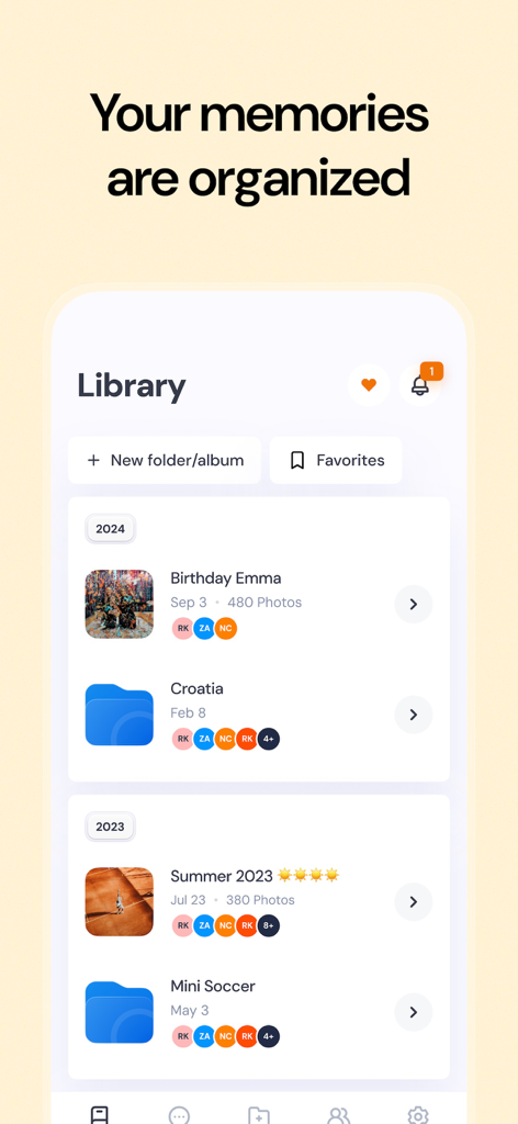 The Airbum app library interface showing organized shared photo folders for various events like birthdays and soccer matches.