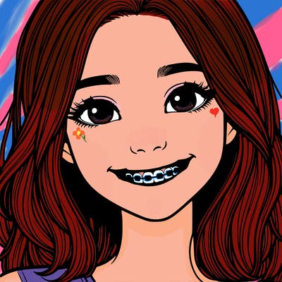 a girl with braces smiling with freckles realistic