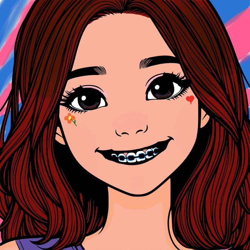 a girl with braces smiling with freckles realistic
