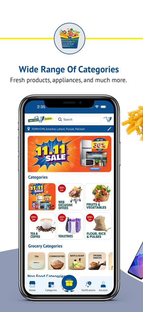 Metro Online. - Interfaz de la aplicación Metro Online mostrando categorías de productos como frutas, verduras y electrónica con banners promocionales de ofertas