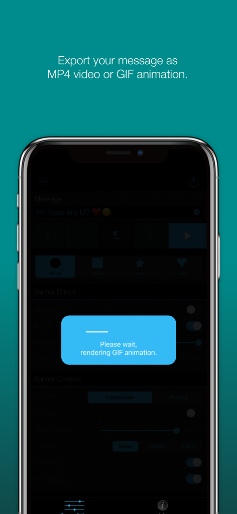 iPhone screen showing the LED Banner Pro app rendering a GIF animation for social media export