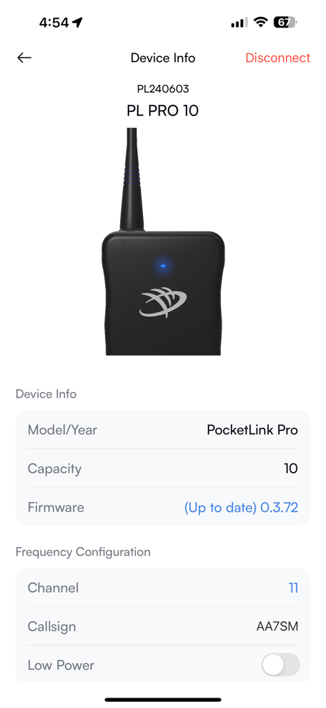 Captura de pantalla de la aplicación AeroVision7 que muestra la página Información del dispositivo para un sistema de seguimiento GPS Marshall Radio PocketLink Pro